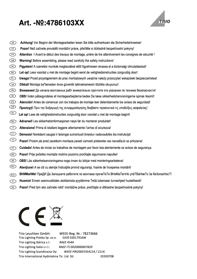 Page 1 de la notice Manuel utilisateur Trio Lighting Zidane 478610306