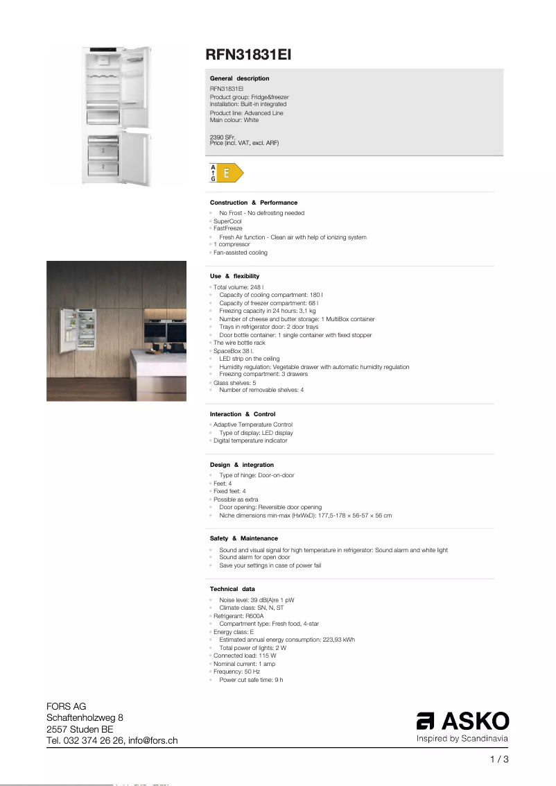 Page n°1 - Fiche technique Asko RFN31831EI