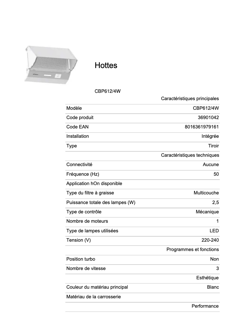 Page n°1 - Fiche technique Candy CBP612/4W