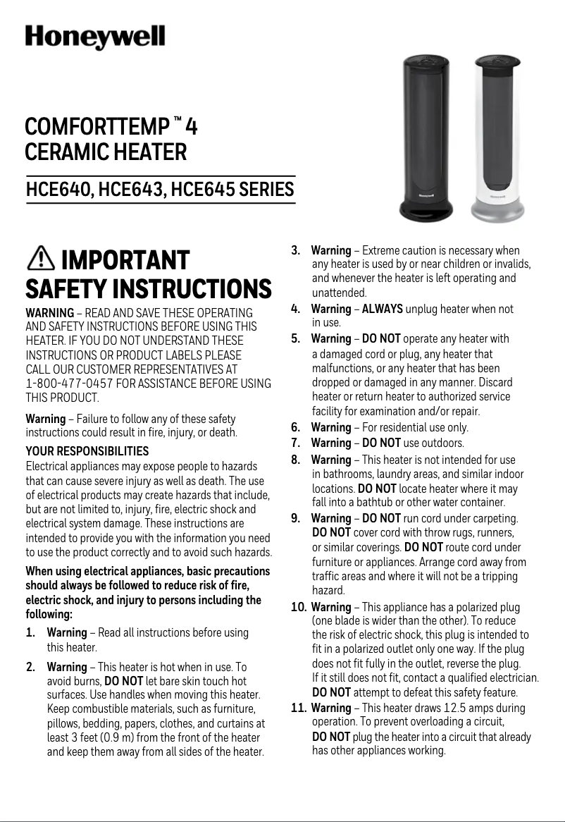 Page 1 de la notice Manuel utilisateur Honeywell ComfortTemp 4 HCE640B