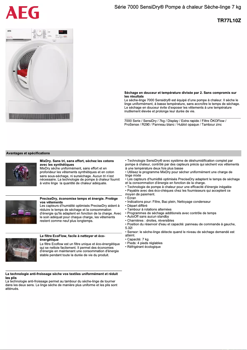 Page n°1 - Fiche technique AEG TR77L10Z