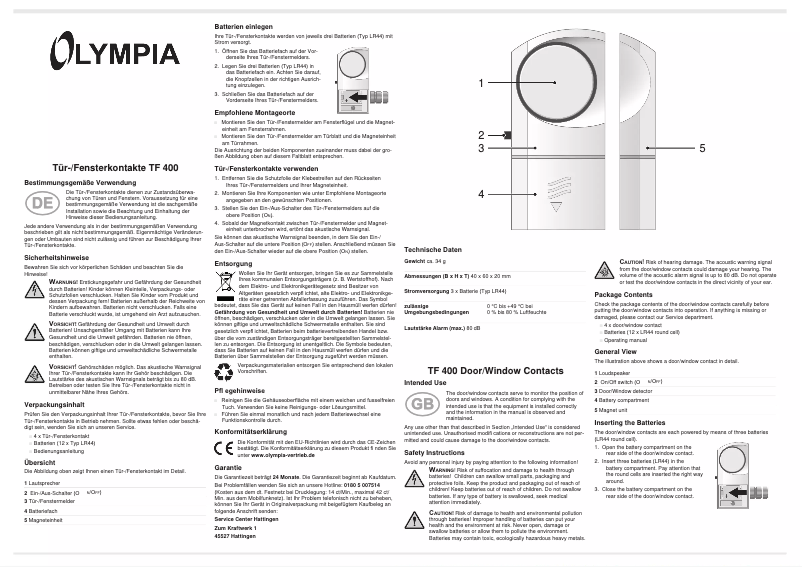Page 1 de la notice Manuel utilisateur Olymp TF 400