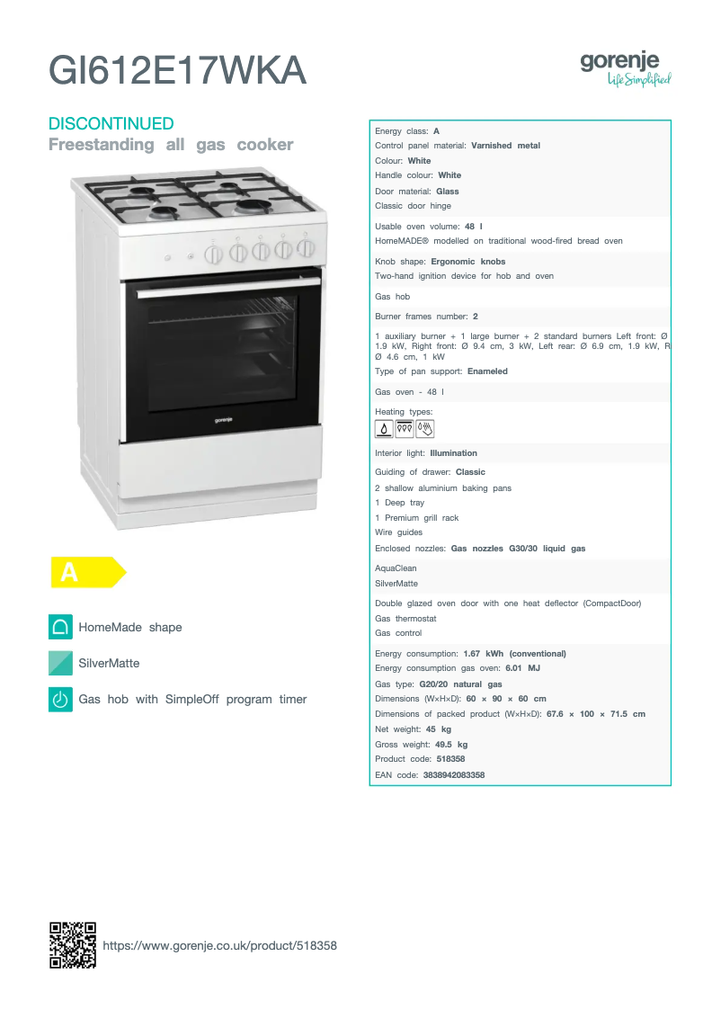Página 1 del manual Ficha técnica Gorenje GI612E17WKA
