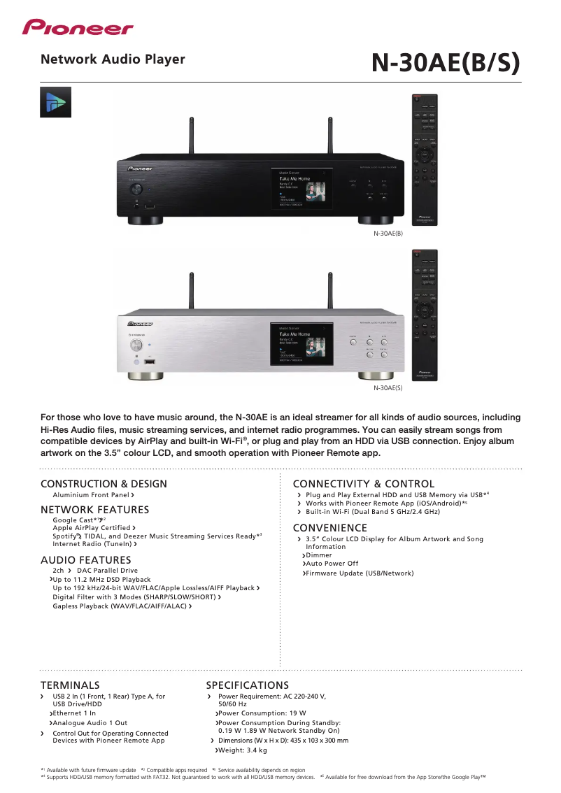 Page 1 de la notice Fiche technique Pioneer N-30AE-B
