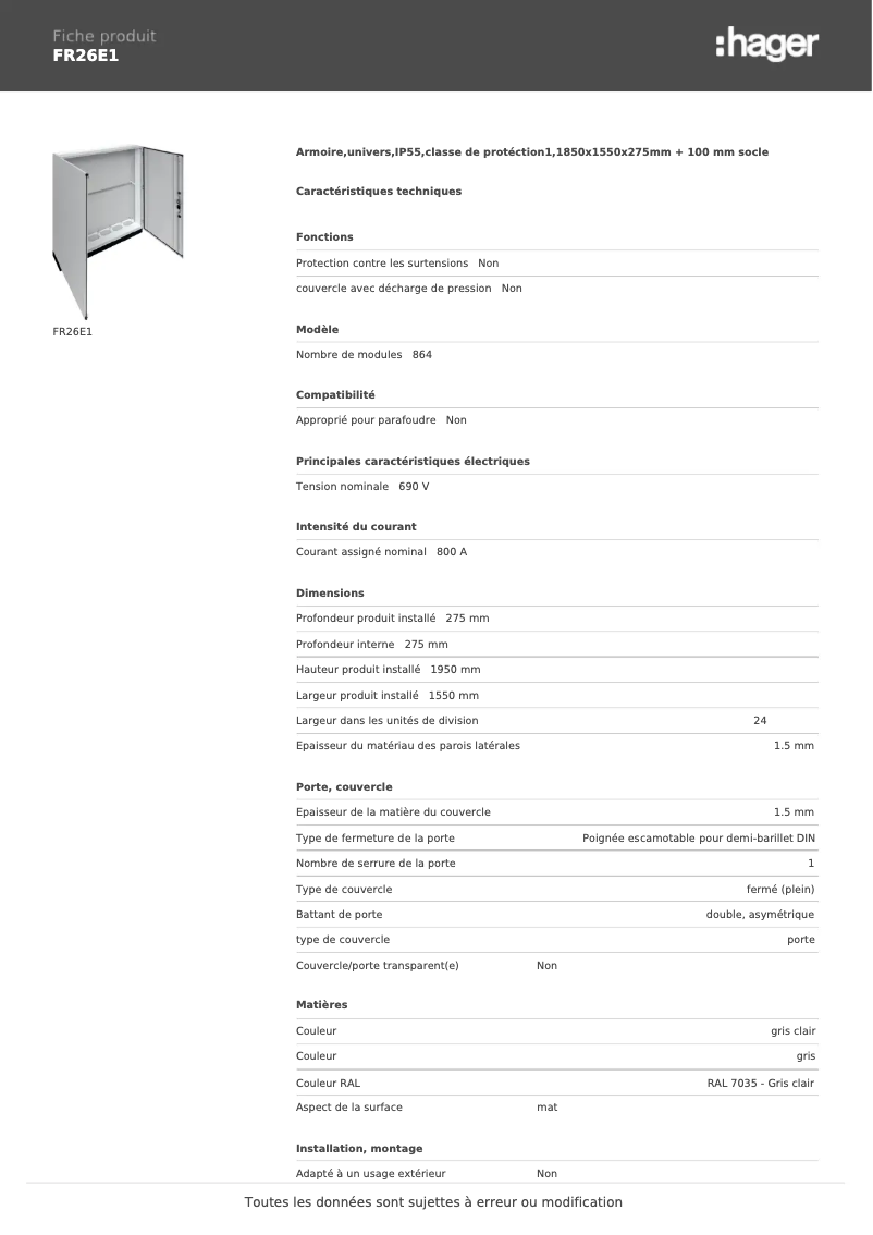 Page n°1 - Fiche technique Hager FR26E1