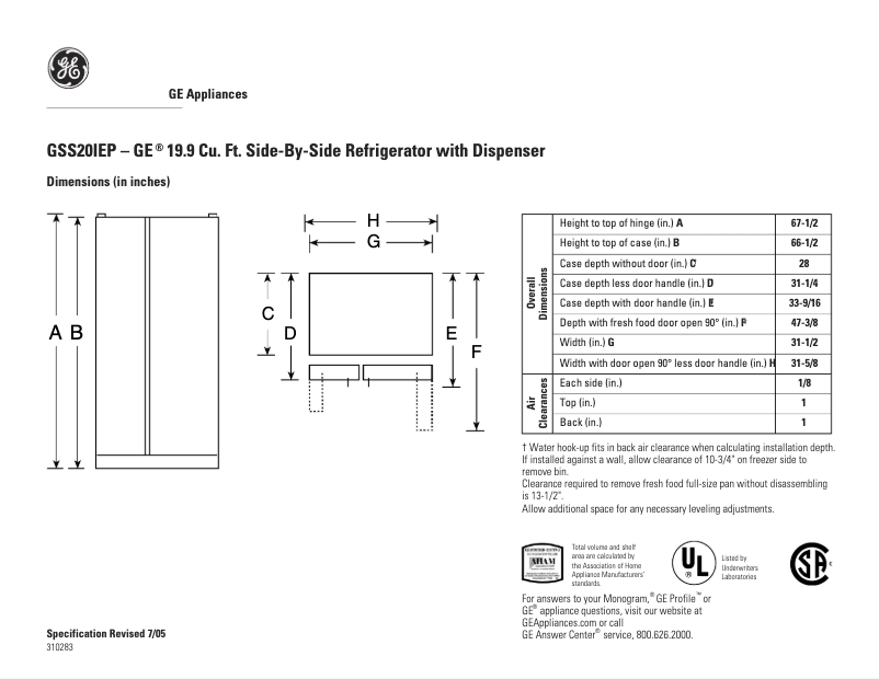 Page n°1 - Fiche technique GE GSS20IEPWH