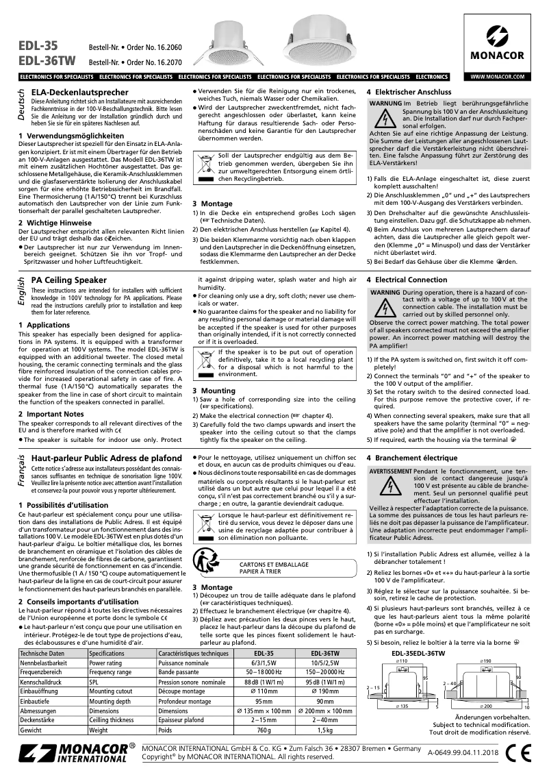 Page n°1 - Manuel utilisateur Monacor EDL-36TW