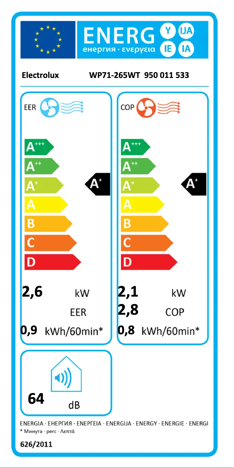 Page n°1 - Label énergétique Electrolux WP71-265WT