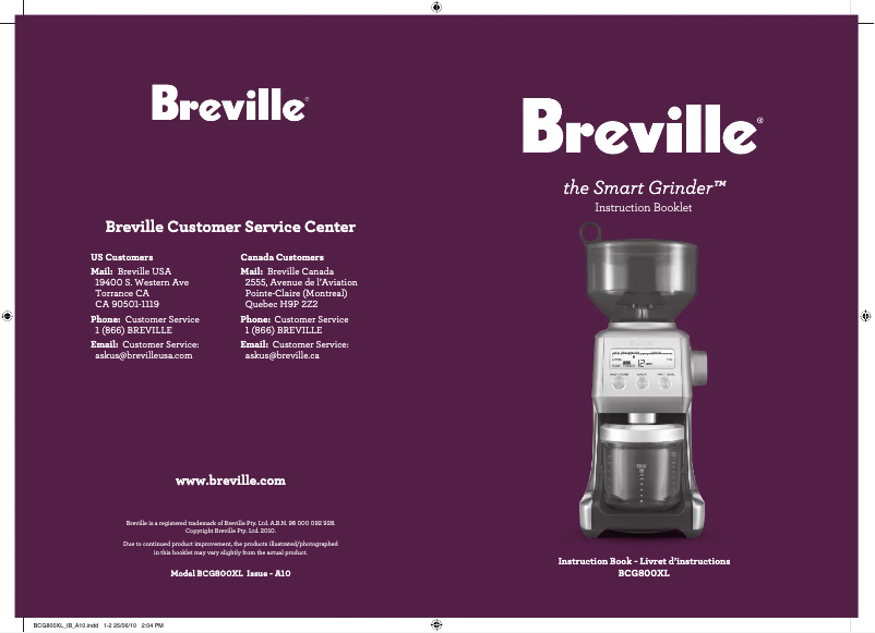 Page 1 de la notice Manuel utilisateur Breville the Smart Grinder BCG800XL