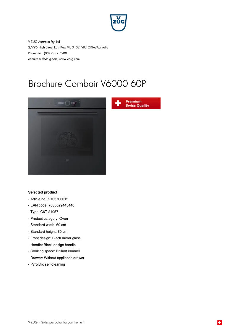 Page 1 de la notice Fiche technique V-Zug Combair V6000