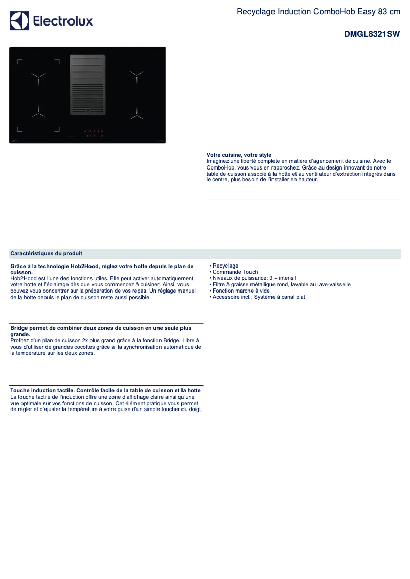 Page 1 de la notice Fiche technique Electrolux DMGL8321SW