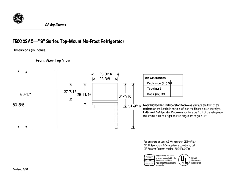 Page n°1 - Fiche technique GE TBX12SAXRWH
