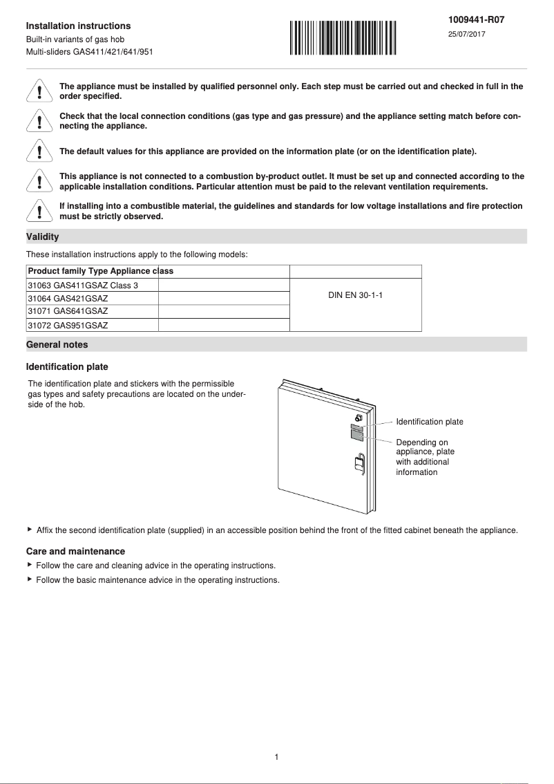 Page 1 de la notice Guide d'installation V-Zug GAS421GSAZ