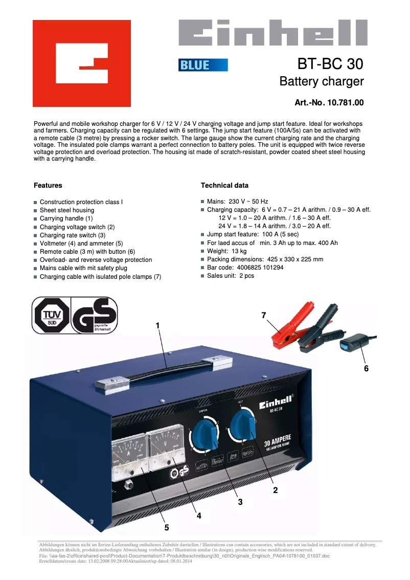 Page 1 de la notice Fiche technique Einhell BT-BC 30
