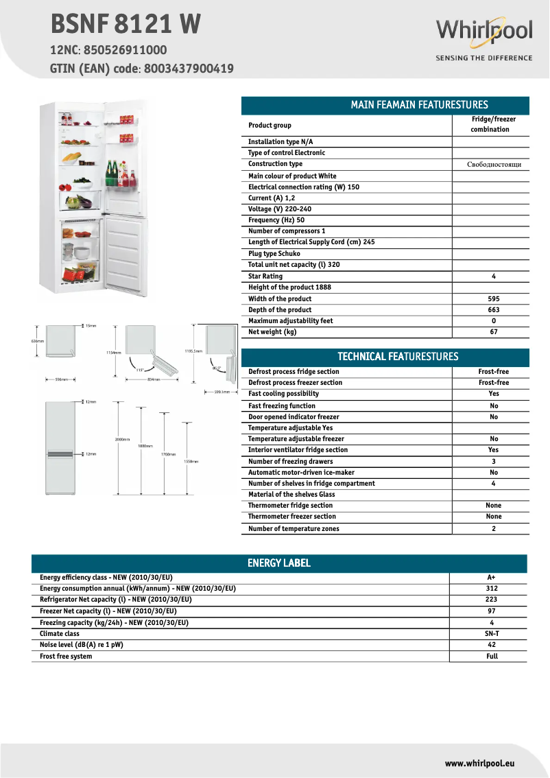 Page 1 de la notice Fiche technique Whirlpool BSNF 8121 W