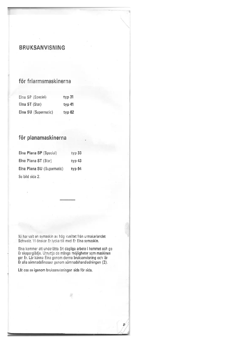 Page n°1 - Manuel utilisateur Elna Plana Special 33