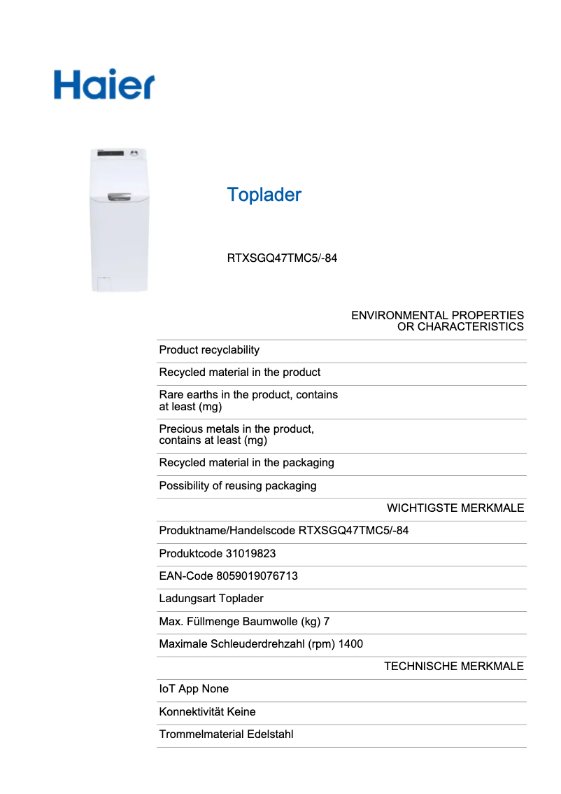 Page 1 de la notice Manuel utilisateur Haier 31019823