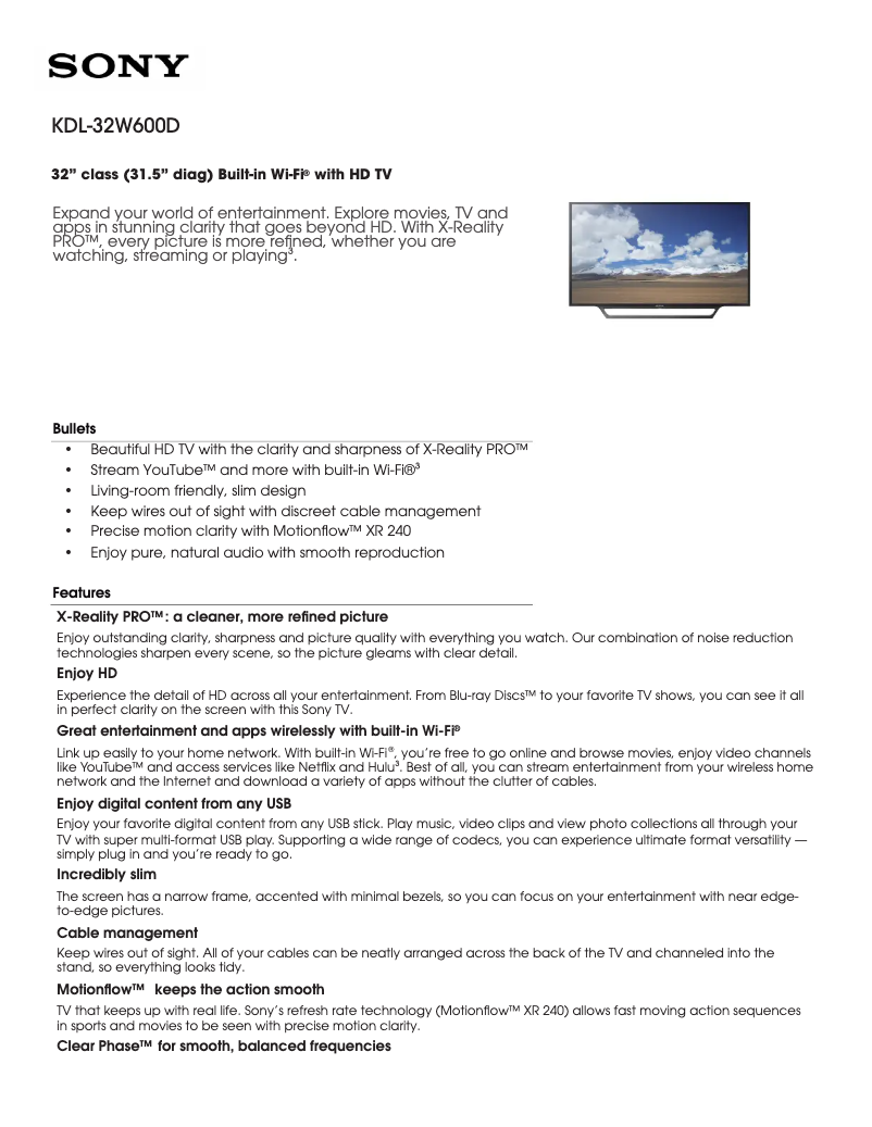 Page 1 de la notice Fiche technique Sony KDL-32W600D