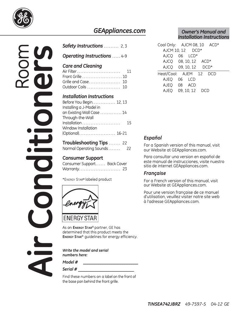 Page n°1 - Guide d'installation GE AJCQ10ACD