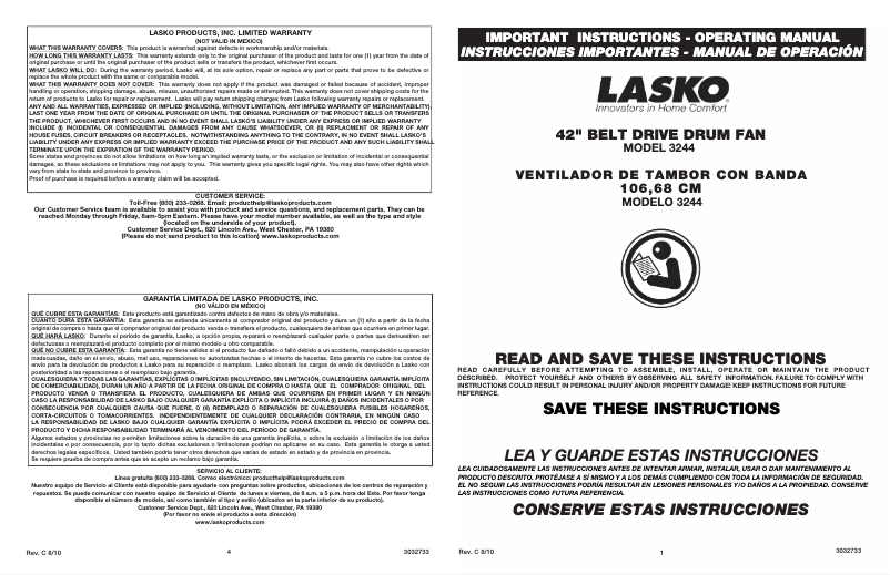 Page 1 de la notice Manuel utilisateur Lasko 3244