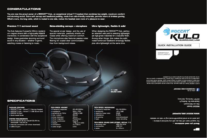 Page 1 de la notice Manuel utilisateur Roccat Kulo 7.1 USB