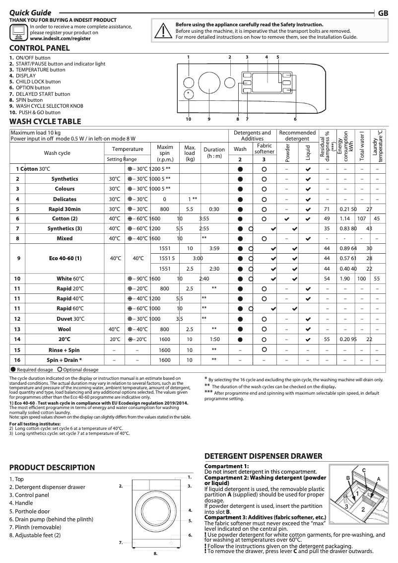 Página 1 del manual Manual de usuario Indesit BWE 101685X W UK N