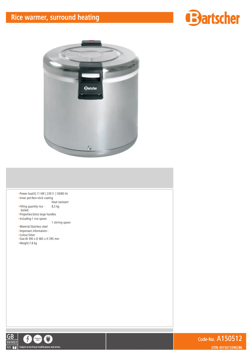 Page 1 de la notice Fiche technique Bartscher A150512