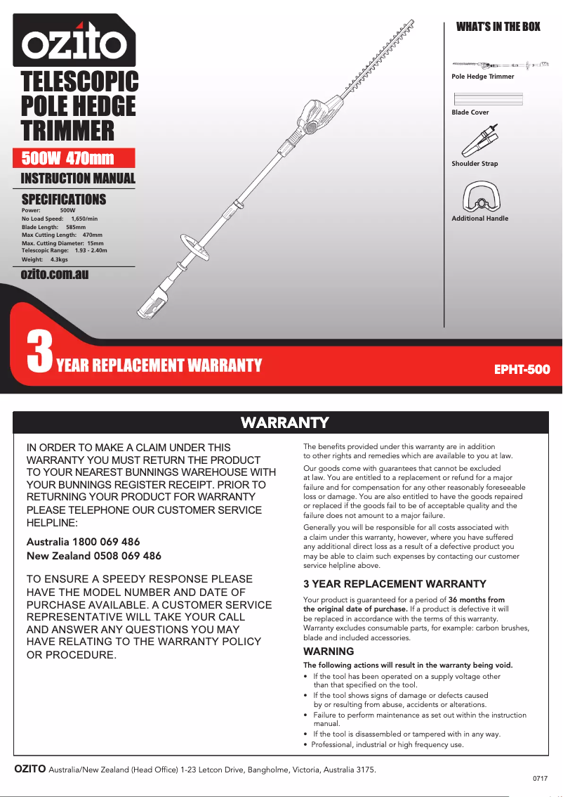 Page 1 de la notice Manuel utilisateur Ozito EPHT-500