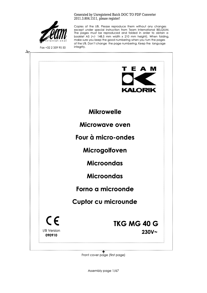 Page 1 de la notice Manuel utilisateur Team TKG MG 40 G