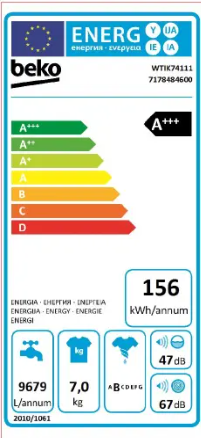 Page 1 de la notice Label énergétique Beko WTIK74111