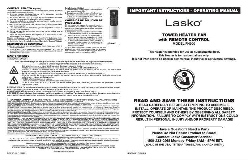 Page n°1 - Manuel utilisateur Lasko FH500C