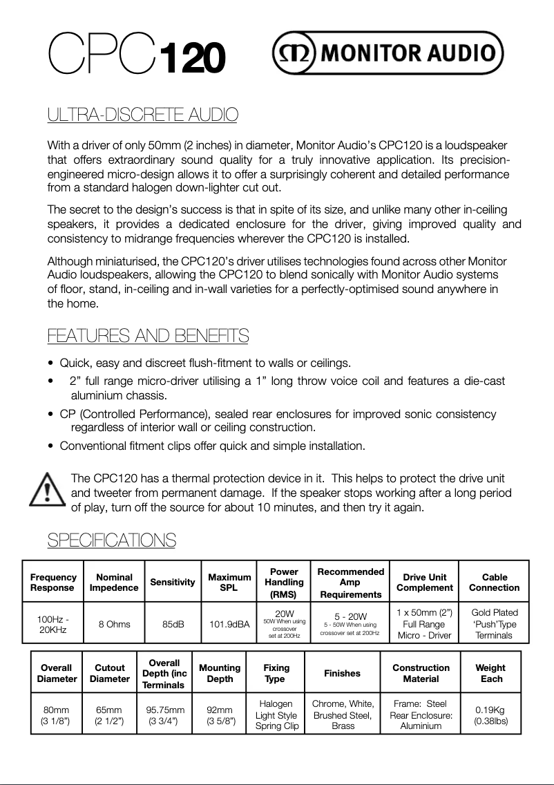 Page 1 de la notice Manuel utilisateur Monitor Audio CPC120