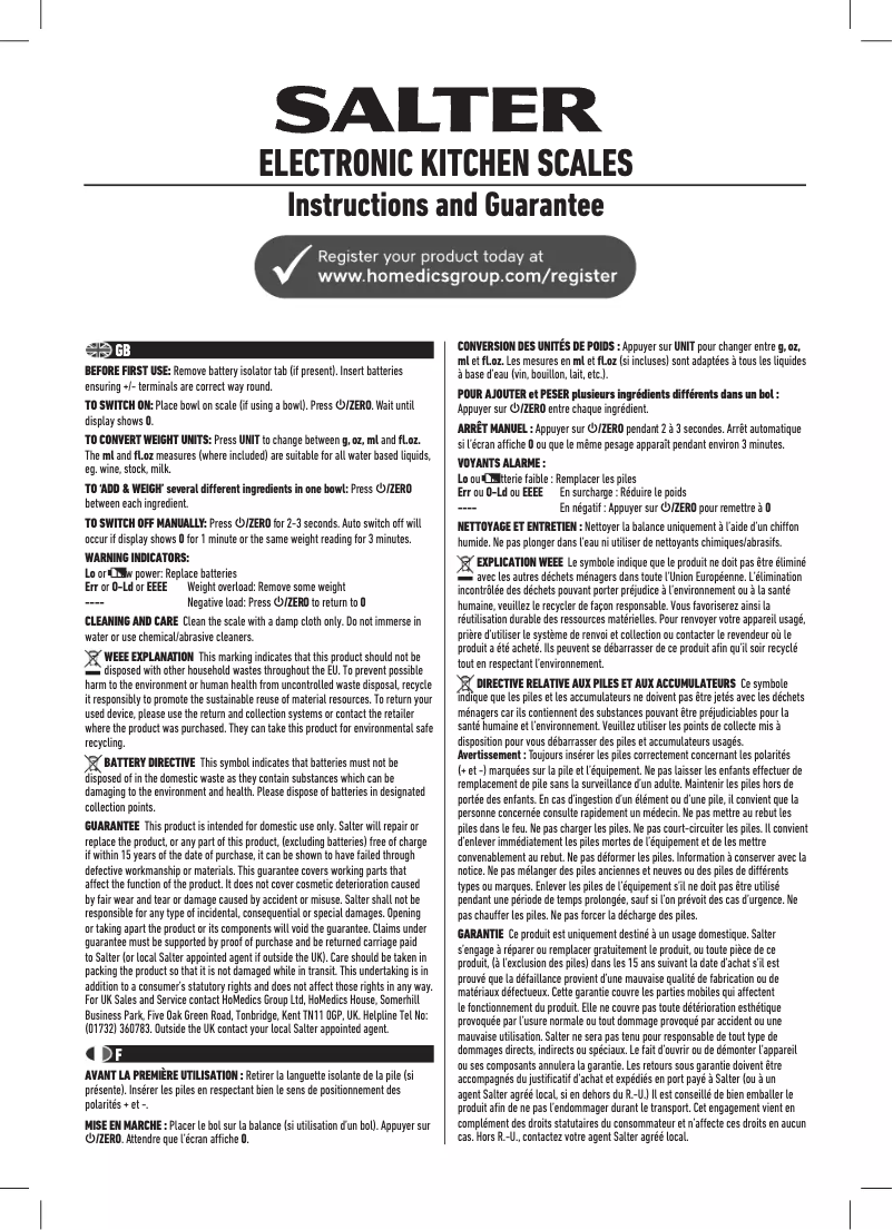 Page 1 de la notice Manuel utilisateur Salter SA 1103 SSDR