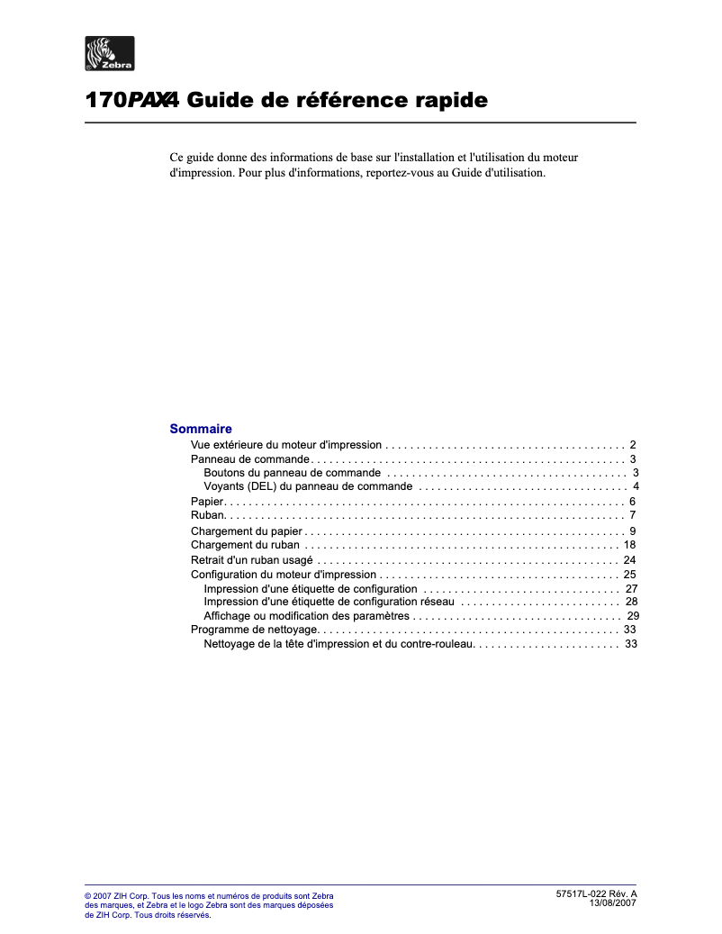 Page 1 de la notice Manuel utilisateur Zebra 170PAX4