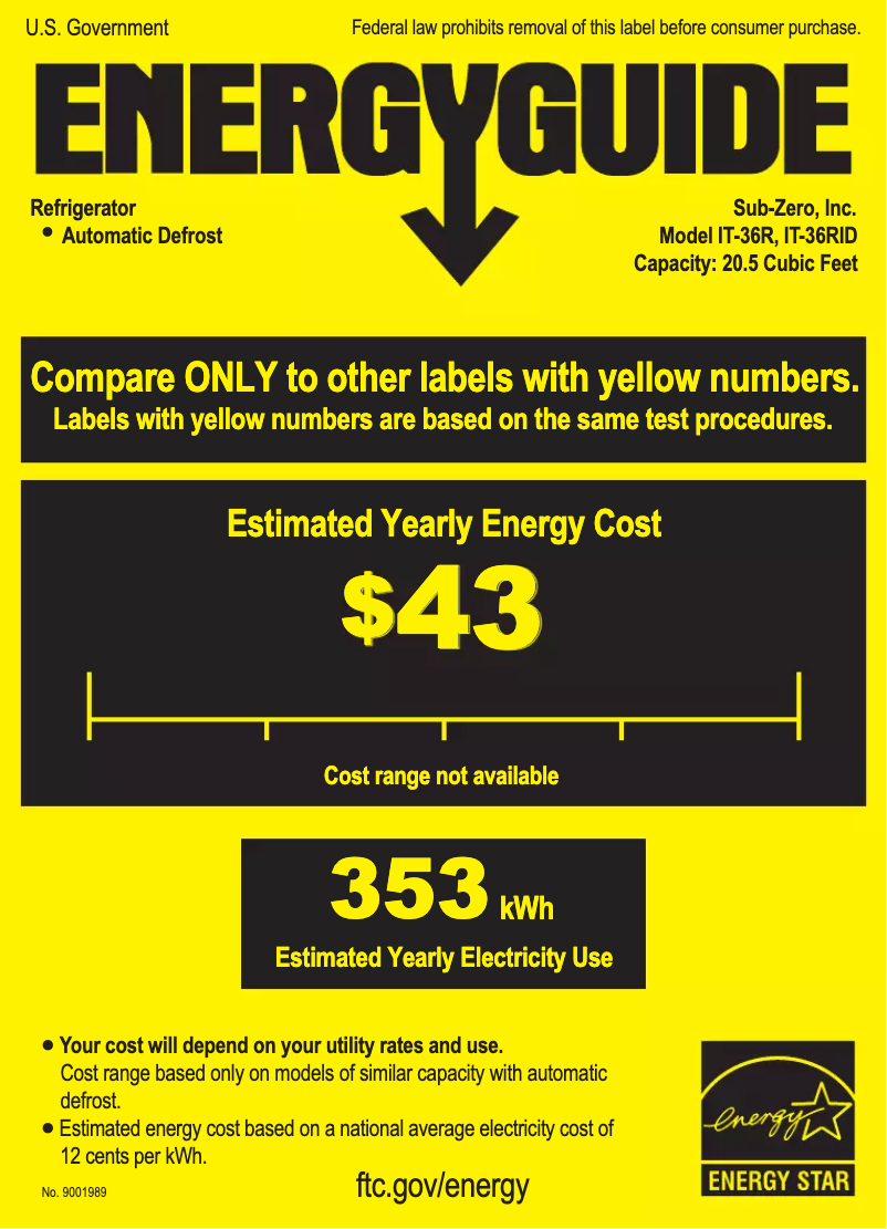Page 1 de la notice Label énergétique Sub-Zero IT-36RID-LH