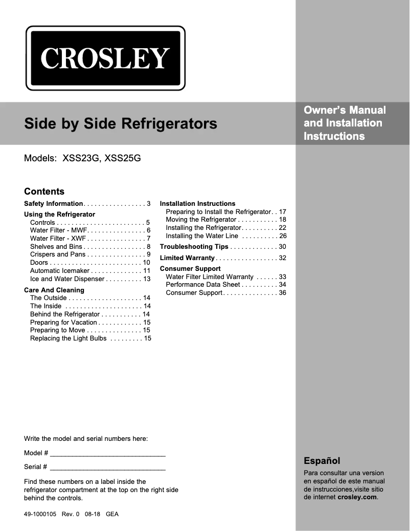 Page 1 de la notice Manuel utilisateur Crosley XSS25GGHW/B/S