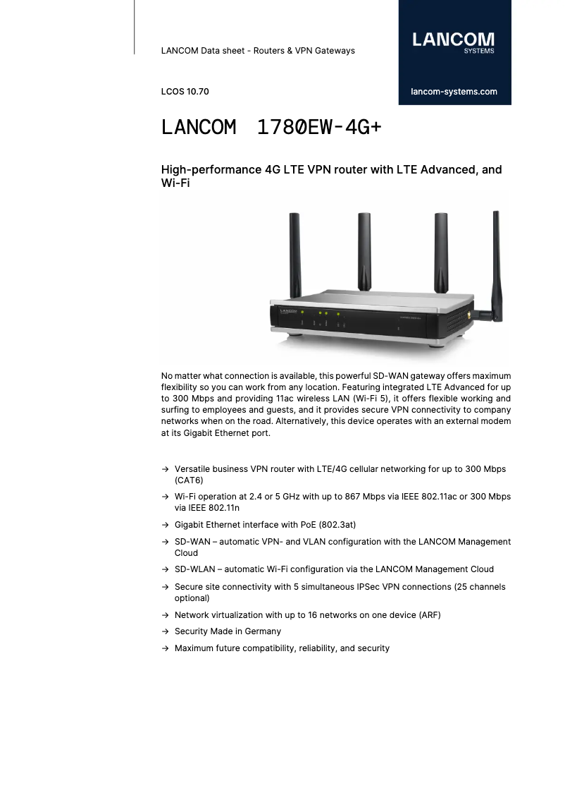 Page 1 de la notice Fiche technique Lancom 1780EW-4G+