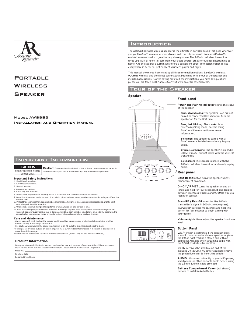 Page n°1 - Manuel utilisateur Acoustic Research AWS5B3