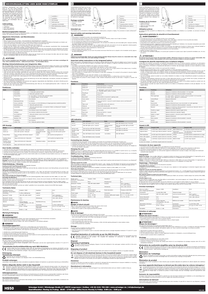 Page 1 de la notice Manuel utilisateur Schwaiger HS50