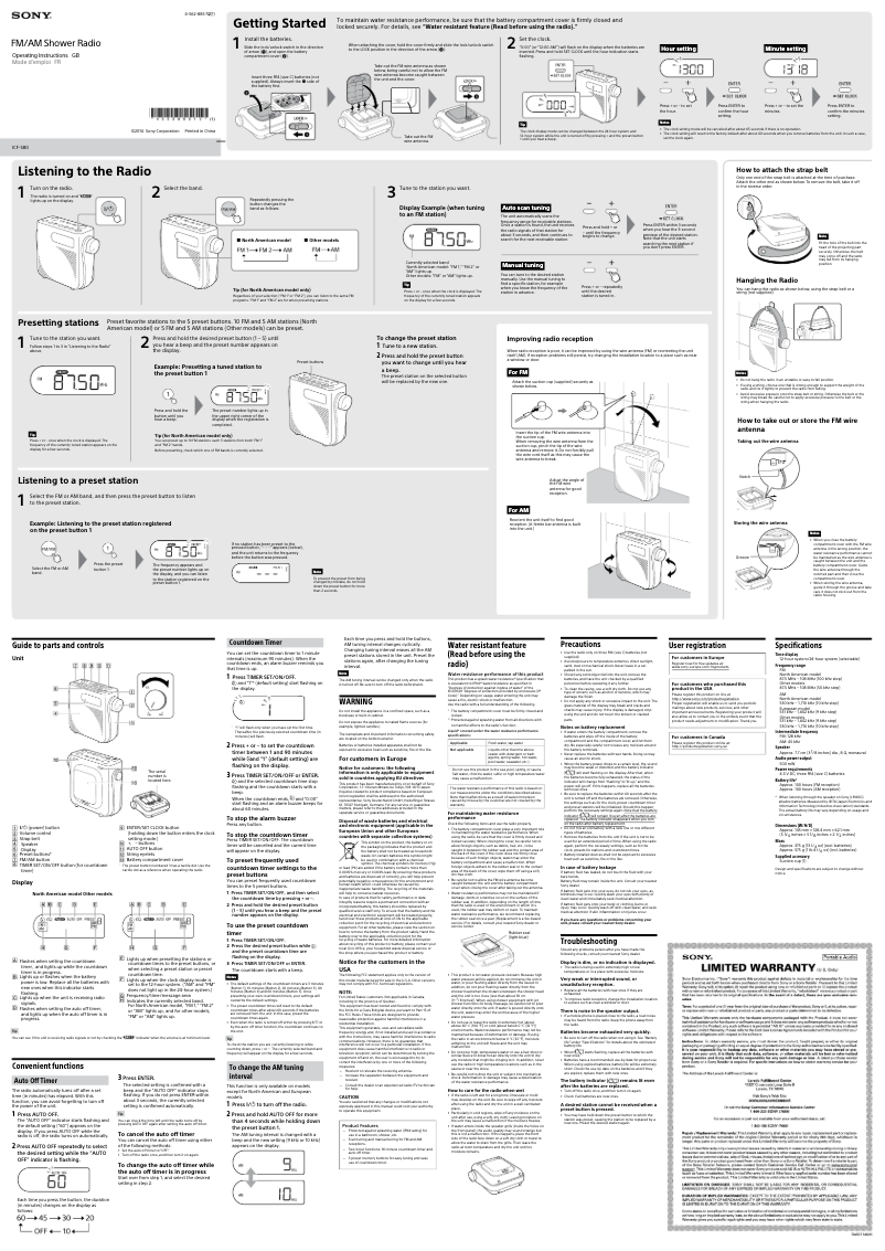 Page 1 de la notice Instructions / montage Sony ICF-S80