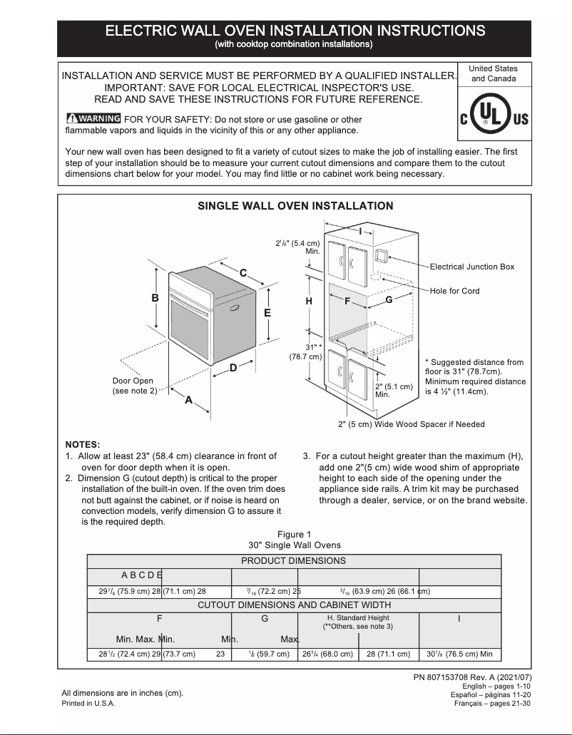 Page 1 de la notice Guide d'installation Frigidaire FCWD3027AD