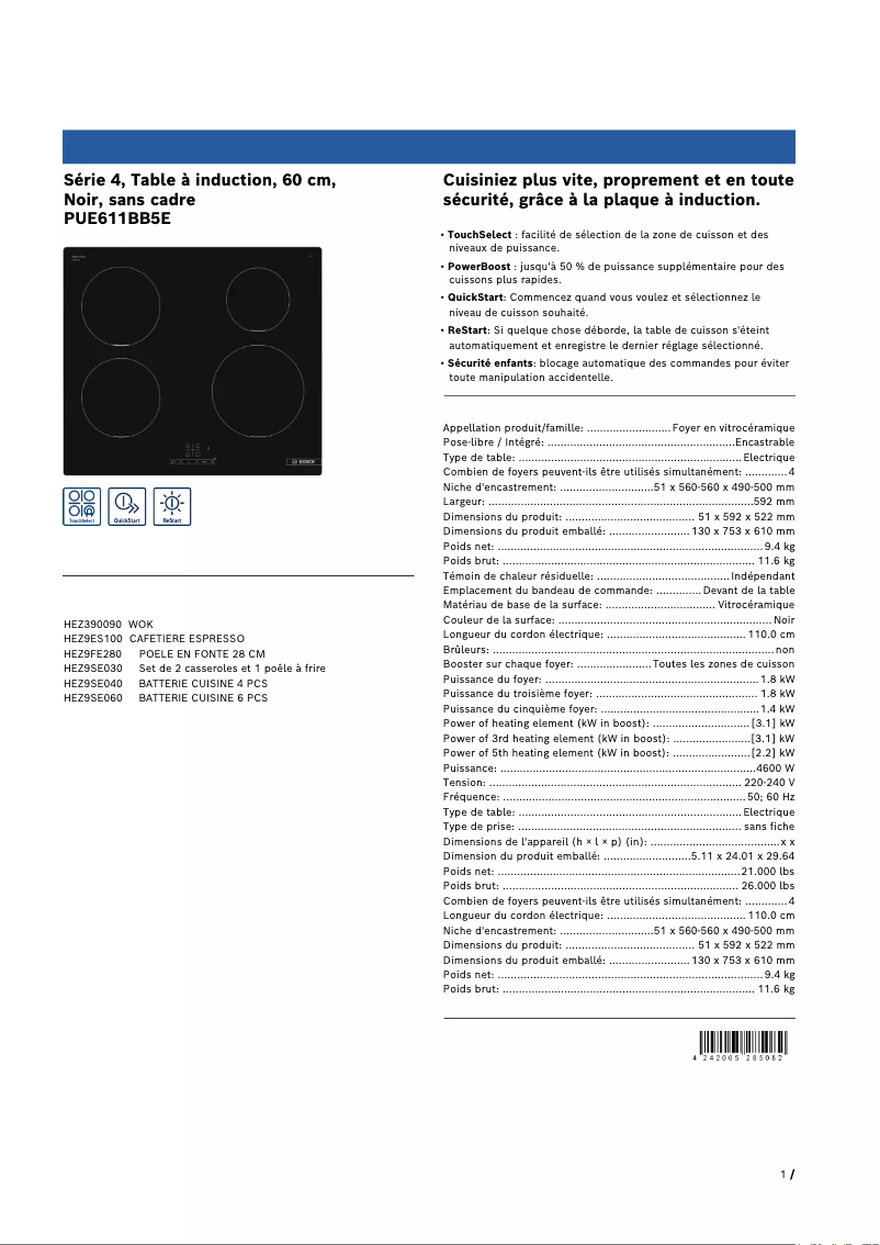 Page 1 de la notice Fiche technique Bosch PUE611BB5E