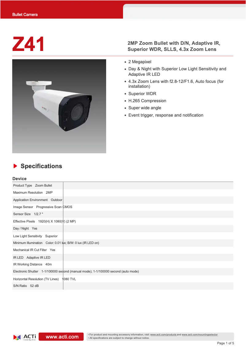 Page 1 de la notice Fiche technique ACTi Z41