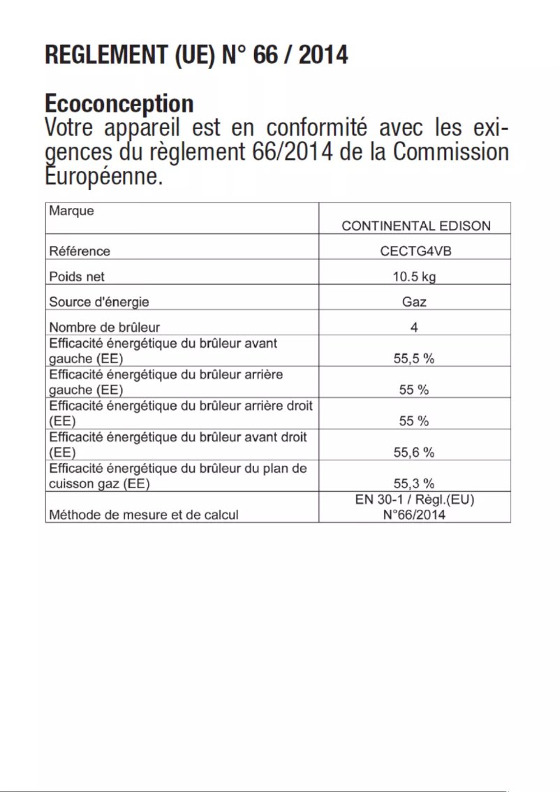 Page n°1 - Label énergétique Continental Edison CECTG4VB