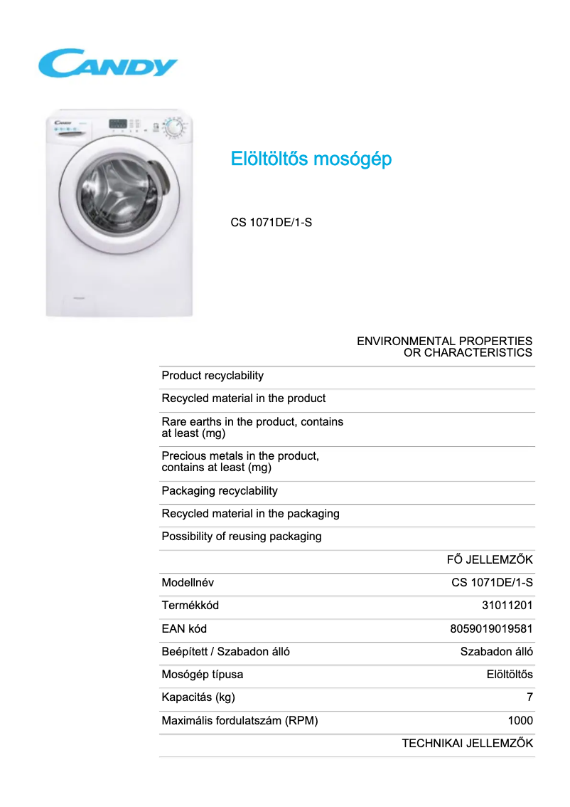 Page 1 de la notice Fiche technique Candy CS 1071DE/1-S