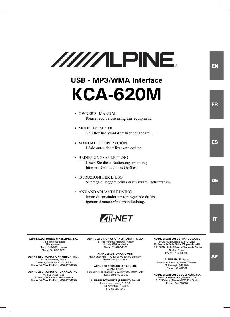 Page n°1 - Manuel utilisateur Alpine KCA-620M