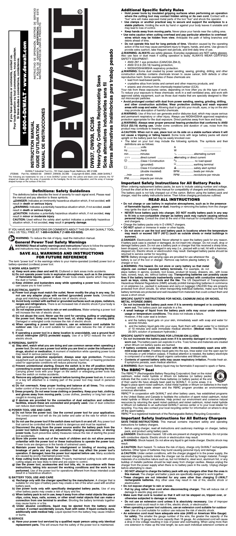 Page 1 de la notice Manuel utilisateur DeWalt DW938