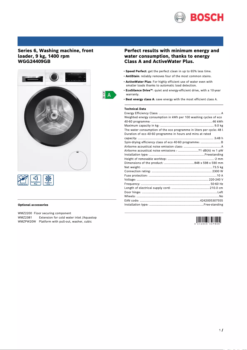 Page 1 de la notice Fiche technique Bosch Serie 6 WGG24409GB