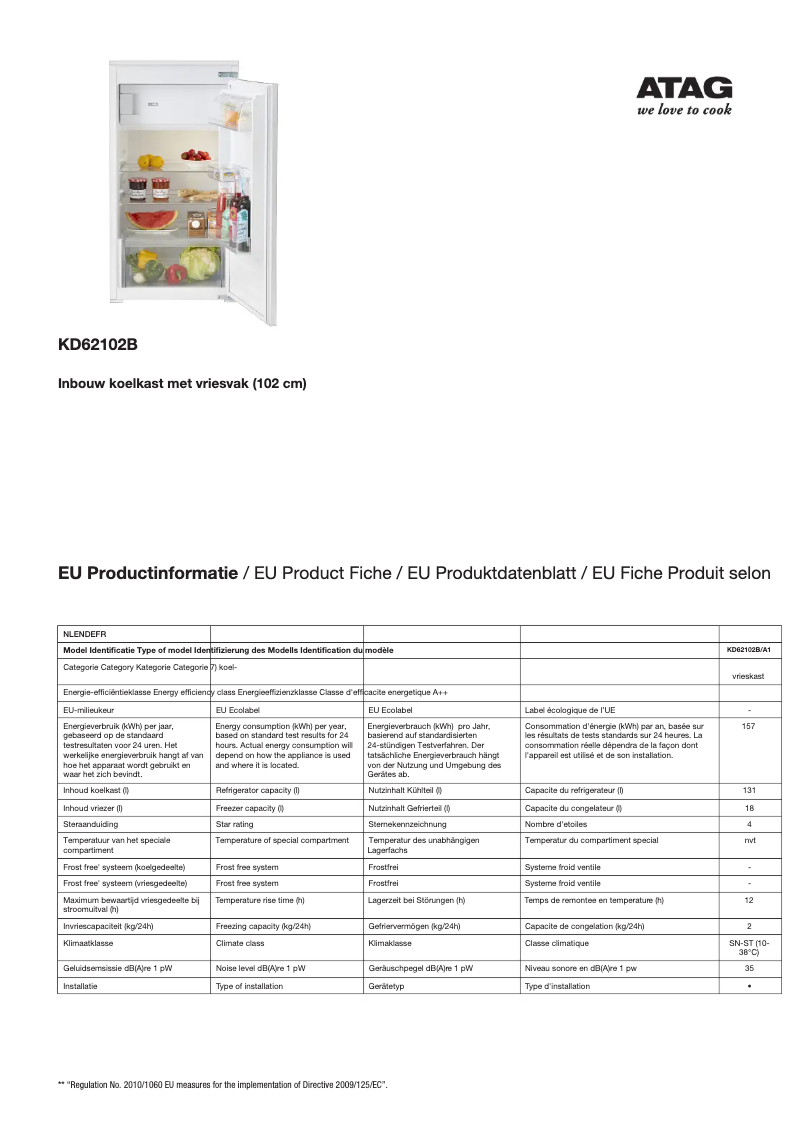 Page 1 de la notice Fiche technique Atag KD62140B