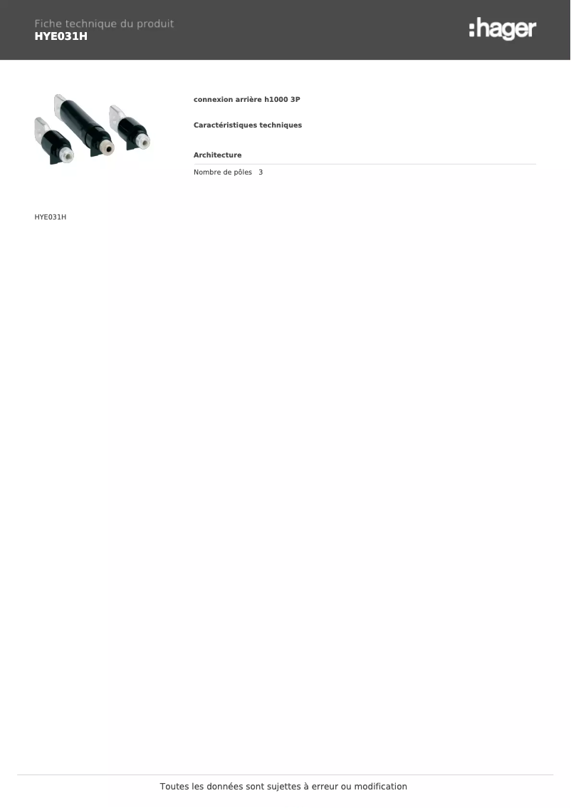 Página 1 del manual Ficha técnica Hager HYE031H